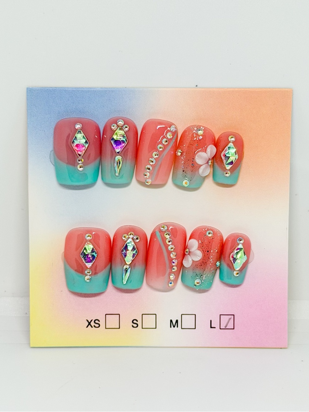 Coral Teal Ombre Crystal Accent Press-On Nails